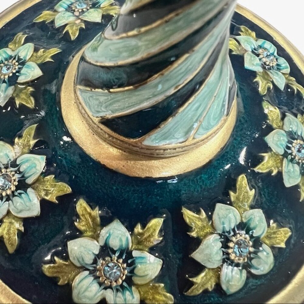 Vintage Brass Oval Vanity Makeup Desk Mirror, Enameled Metal Jeweled Tabletop - Picture 9 of 14